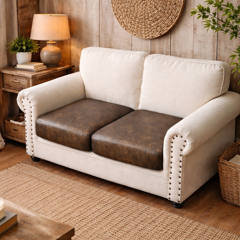 Faux Leather Cushion Covers Set of 2 Brown Stretch Sofa Seat Covers Rustic Farmh